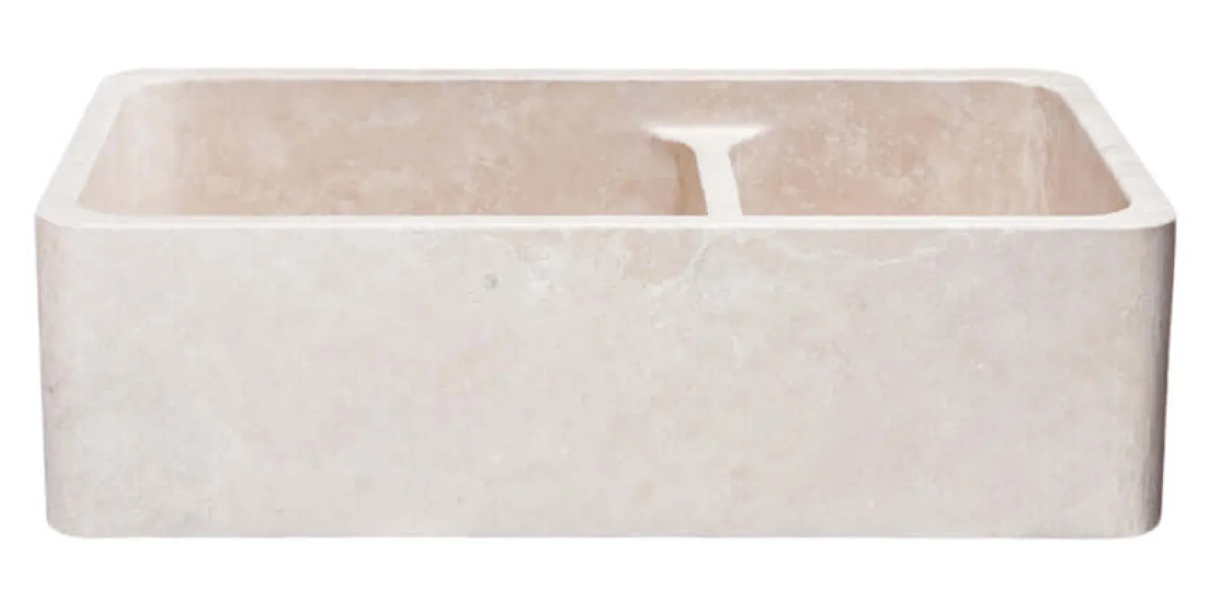 36" Stone 60/40 Double Bowl Farmhouse Kitchen Sink, Smooth Reversible Apron Front, Roma Travertine, Beige, KF362010DB-NLP-6040-RT