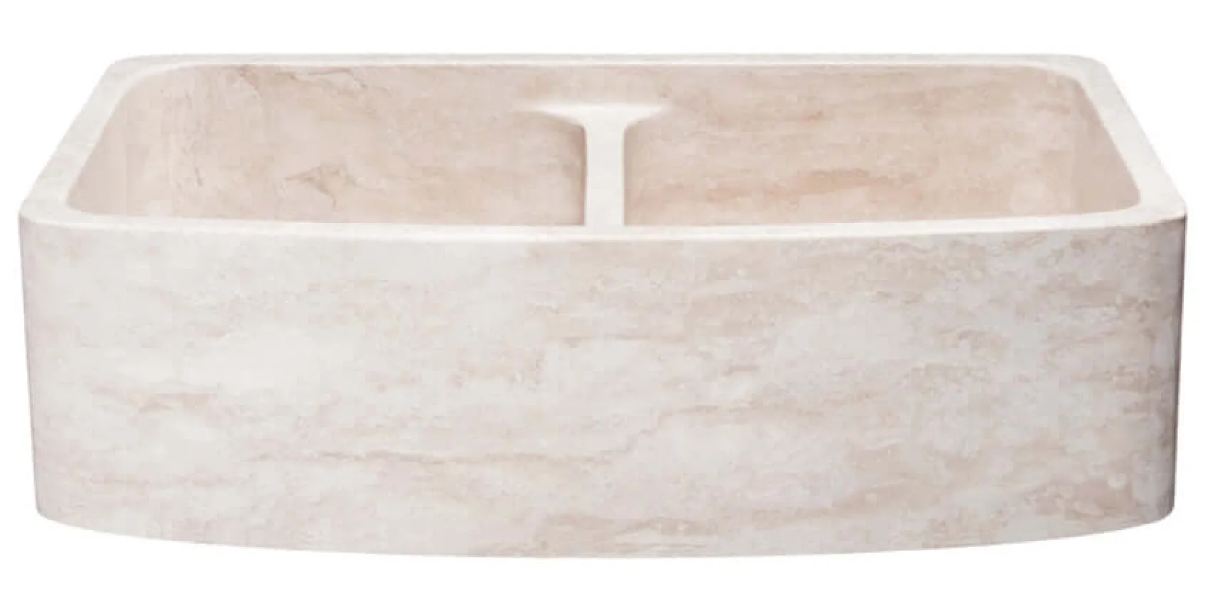 36" Stone 50/50 Double Bowl Farmhouse Kitchen Sink, Curved Reversible Apron Front, Roma Travertine, Beige, KFCF362210DB-NLP-5050-RT