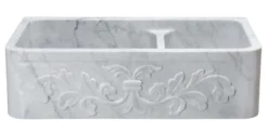 36" Stone 60/40 Double Bowl Farmhouse Sink, Design Apron Front, Carrara Marble, White, KF362010DB-F2-6040-CW