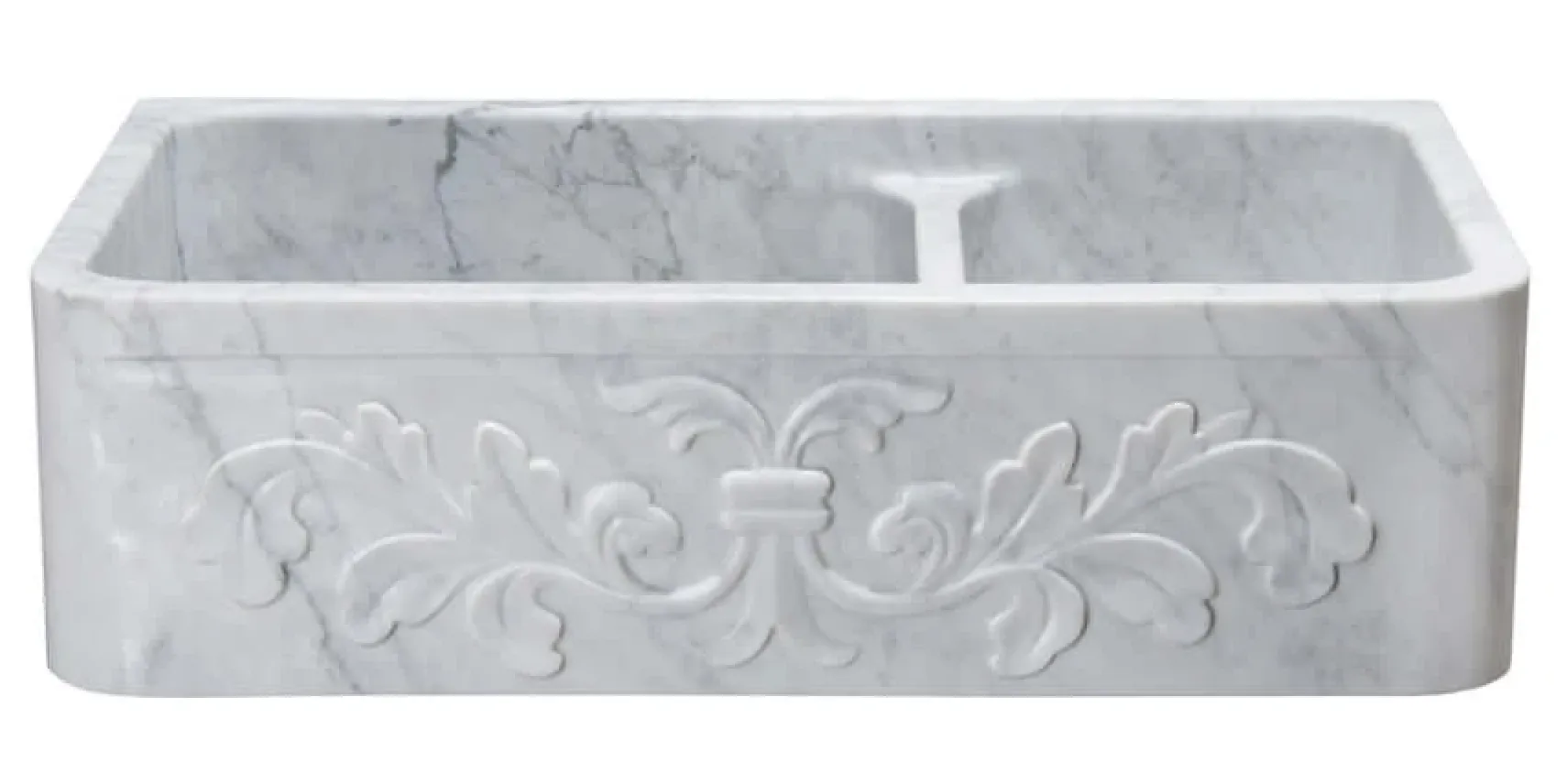 36" Stone 60/40 Double Bowl Farmhouse Sink, Design Apron Front, Carrara Marble, White, KF362010DB-F2-6040-CW