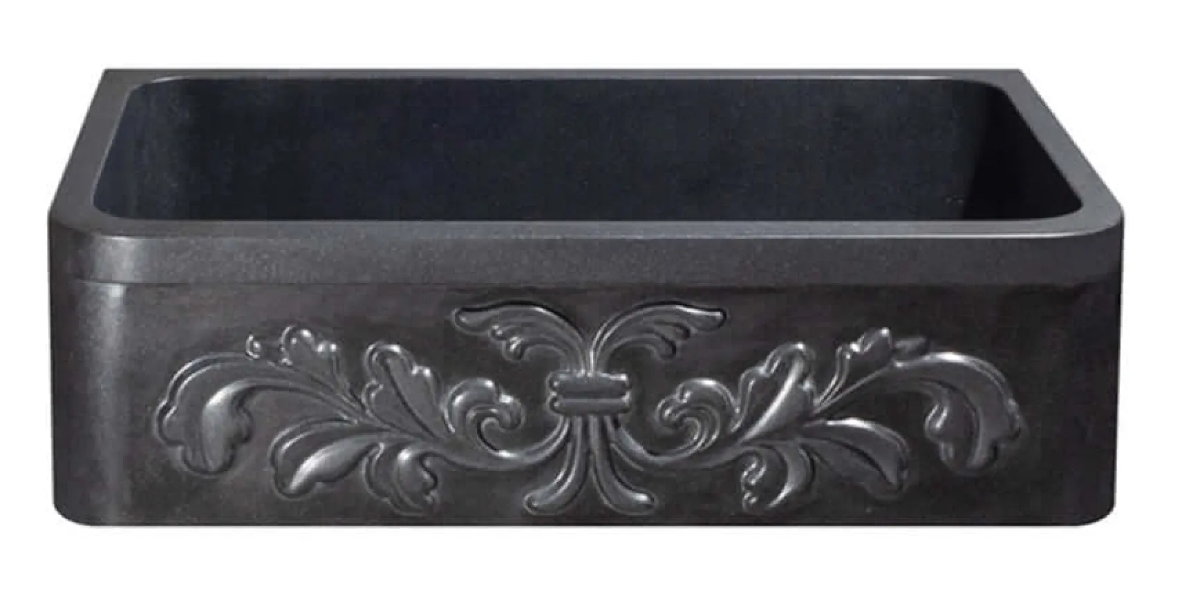 36" Stone Farmhouse Kitchen Sink, Floral Carving Apron Front, Black Granite, Black, KF362010SB-F2-BK