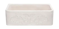 30" Stone Farmhouse Kitchen Sink, Smooth Reversible Floral Carving Apron Front, Crema Lyon Limestone, Beige, KF302010SB-F2-CL