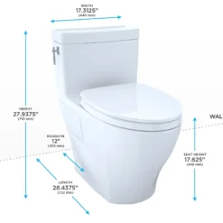 TOTO Aimes WASHLET+ One-Piece Elongated 1.28 GPF Universal Height Skirted Toilet with CEFIONTECT, Cotton White, Vitreous China, MS626124CEFG#01
