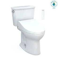 TOTO Drake Transitional WASHLET+ Two-Piece Elongated 1.28 GPF Universal Height TORNADO FLUSH Toilet with C5 Bidet Seat, Cotton White, Vitreous China, MW7863084CEFG#01