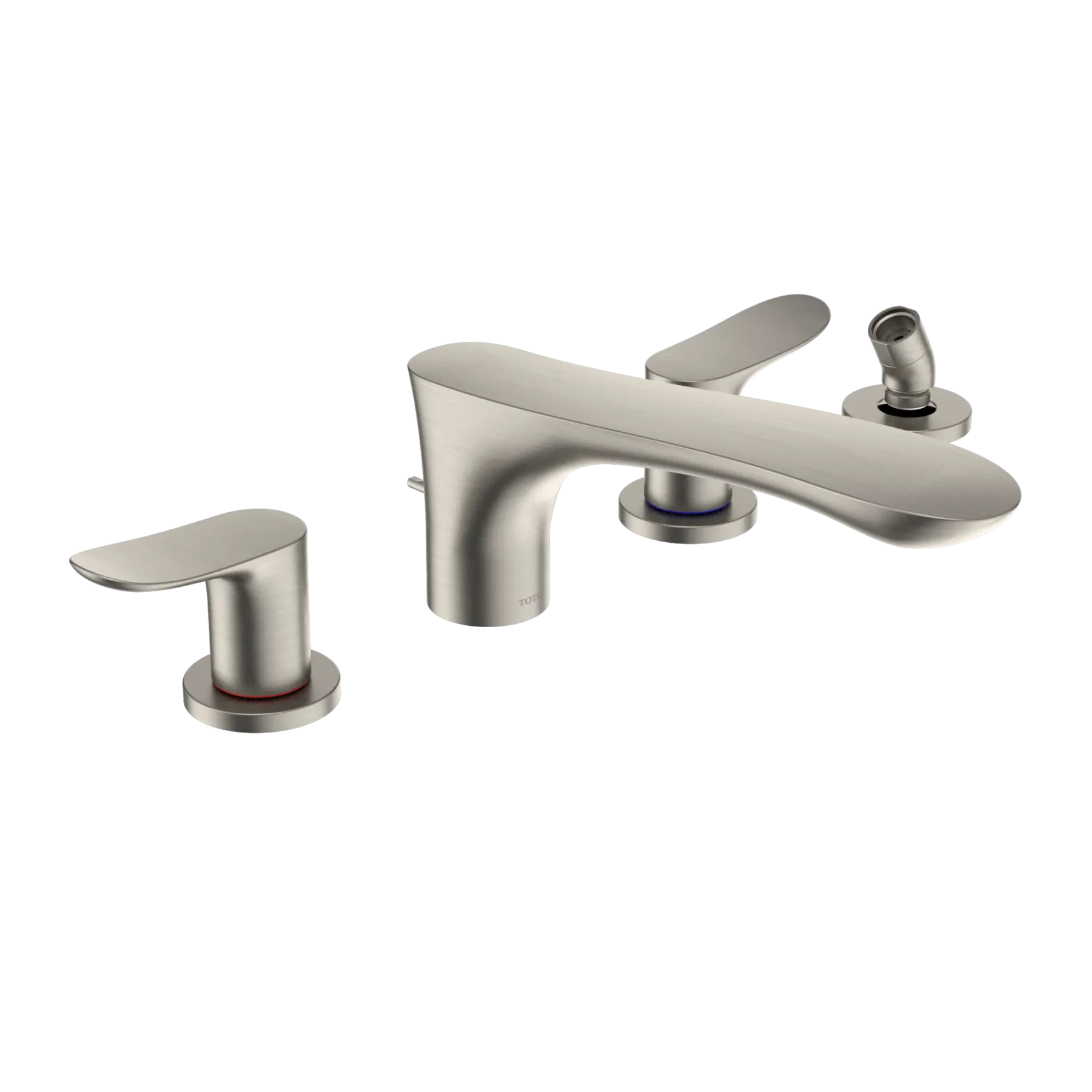 TOTO GO Two-Handle Deck-Mount Roman Tub Filler Trim with Handshower, Brushed Nickel, Brass, TBG01202U#BN