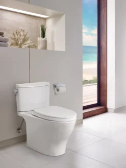 TOTO Nexus 1G Two-Piece Elongated 1.0 GPF Universal Height Toilet with CEFIONTECT and SS124 SoftClose Seat, WASHLET+ Ready, Bone, Vitreous China, MS442124CUFG#03