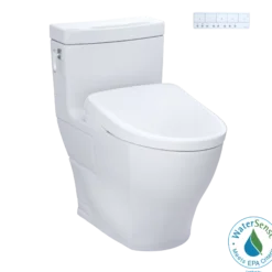 TOTO WASHLET+ Aimes One-Piece Elongated 1.28 GPF Toilet and Contemporary WASHLET S7 Contemporary Bidet Seat, Cotton White, Vitreous China|Plastic, MW6264726CEFG#01