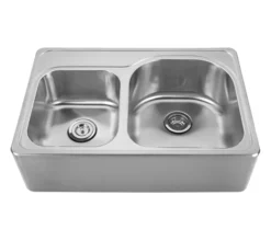 Whitehaus 33" Brushed Stainless Steel Double Bowl Farmhouse Apron Sink, WHNAPD3322