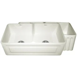 Whitehaus 33" Fireclay Double Bowl Farmhouse Apron Sink, Reversible, Biscuit, WHFLRPL3318
