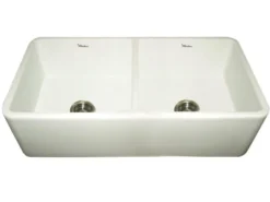 Whitehaus 36" Fireclay Double Bowl Farmhouse Apron Sink, Reversibe, Biscuit, WH3719