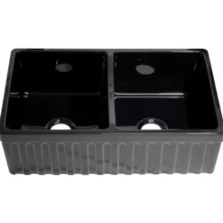Whitehaus 33'' Fireclay Double Bowl Farmhouse Apron Sink, Black, WHQDB332
