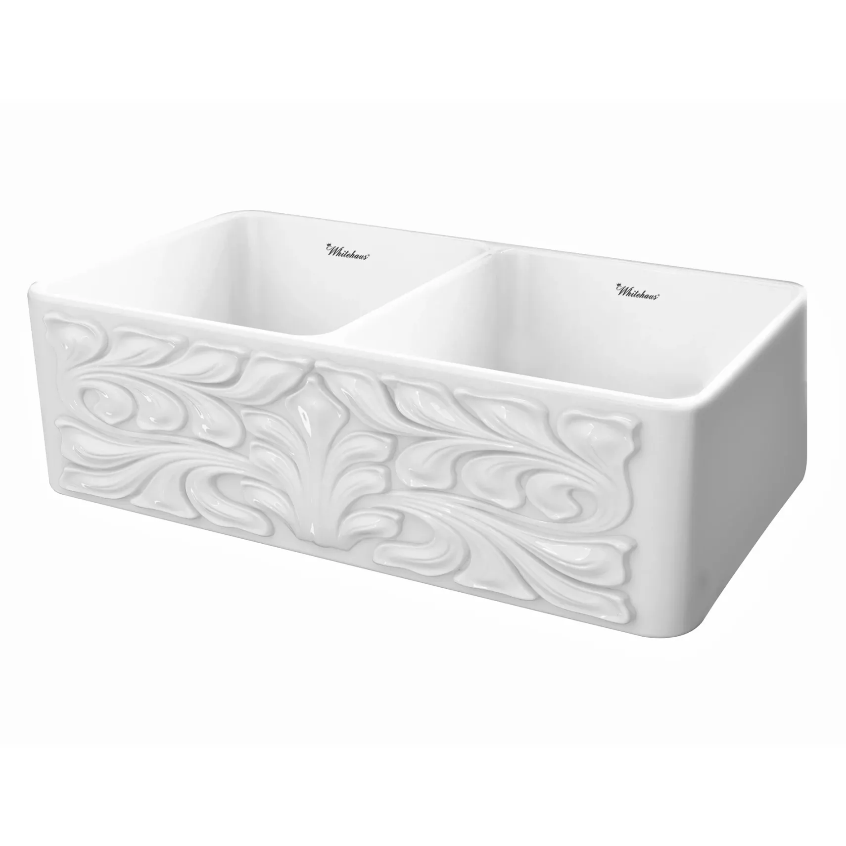 Whitehaus 33" Fireclay Double Bowl Farmhouse Apron Sink, White, WHFLGO3318